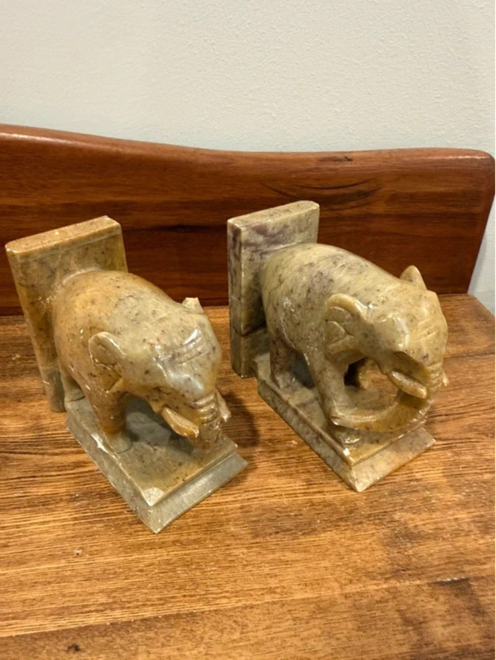 Vintage Carved Stone Elephant Bookends